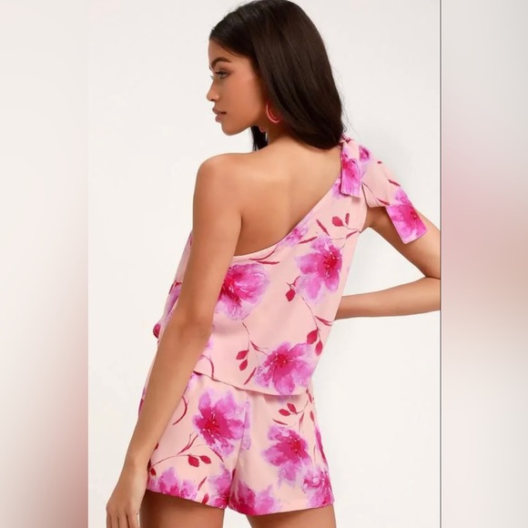 Lulu’s Take a Wild Chance Blush Floral Print One-Shoulder Romper Pretty in Pinks - Picture 3 of 7